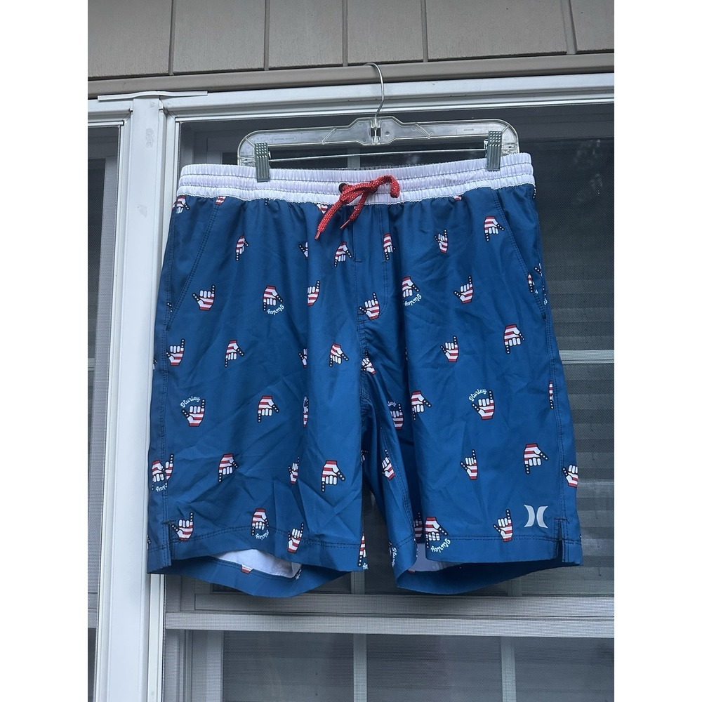 Hurley Swim Shorts Mens Blue Patriotic Shaka Trunks Lined Quick Dry Size XL